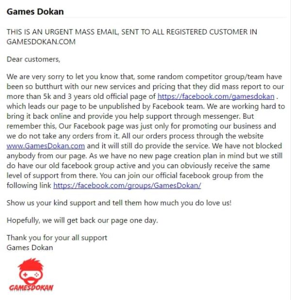 GAMES DOKAN PAGE HAS BEEN UNPUBLISHED BY FACEBOOK